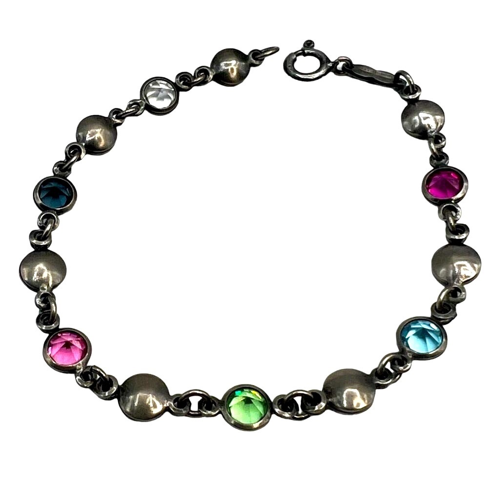 Italian 925 Sterling Silver Bracelet With Faceted Glass Gems M27 - Picture 2 of 8